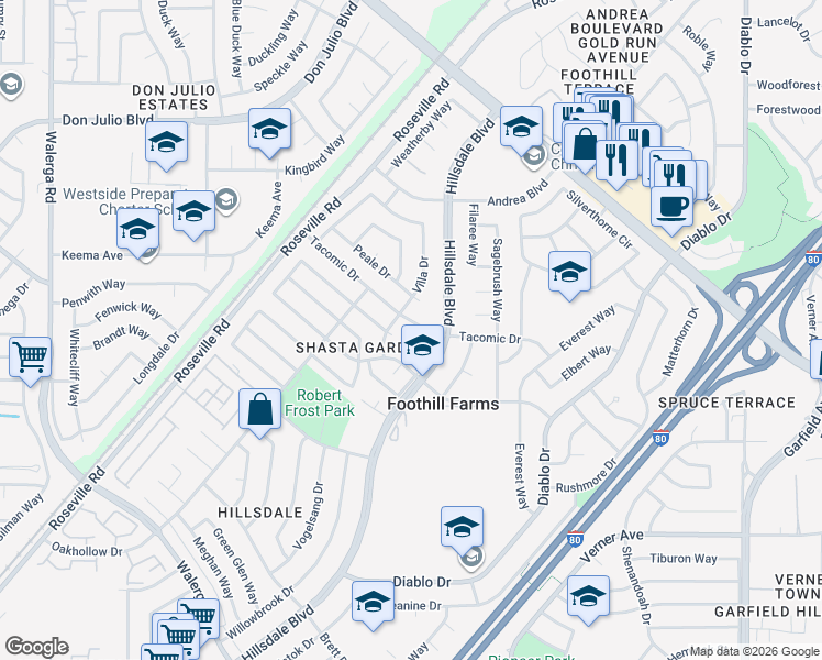 map of restaurants, bars, coffee shops, grocery stores, and more near 6306 Brigadoon Way in Sacramento