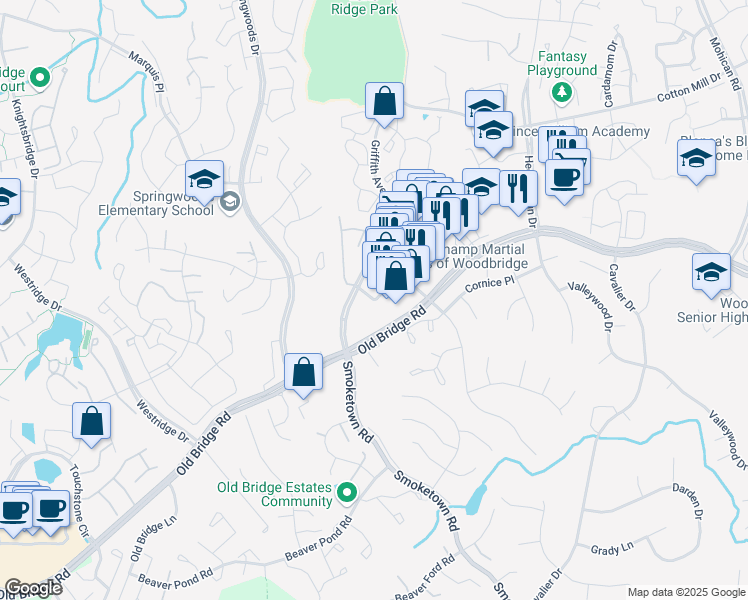 map of restaurants, bars, coffee shops, grocery stores, and more near 12539 Dillingham Square in Woodbridge