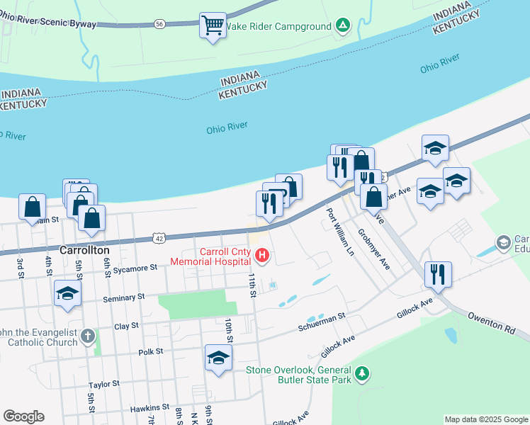 map of restaurants, bars, coffee shops, grocery stores, and more near 1120 Harrison Avenue in Carrollton