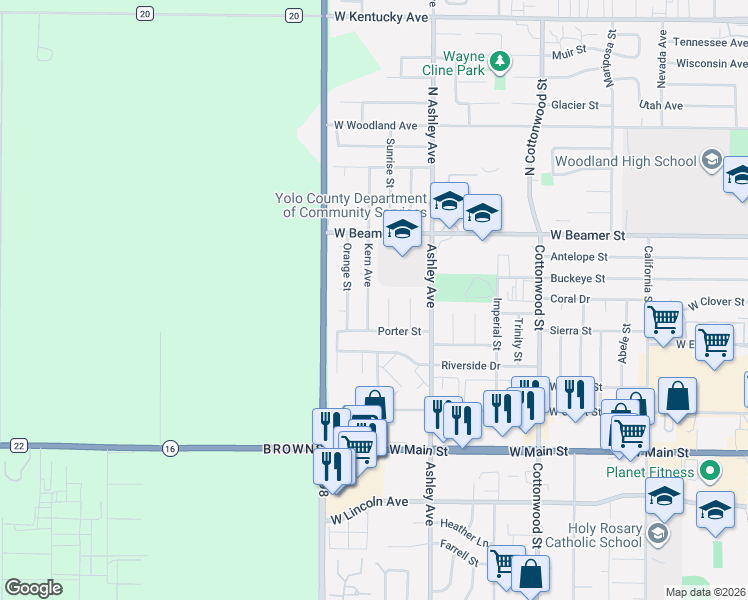 map of restaurants, bars, coffee shops, grocery stores, and more near 124 Marin Place in Woodland
