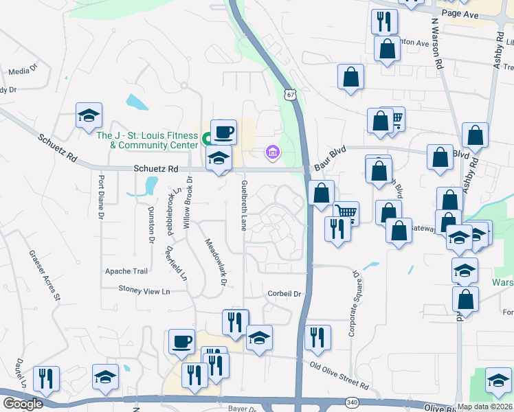 map of restaurants, bars, coffee shops, grocery stores, and more near 10388 Oxford Hill Drive in St. Louis