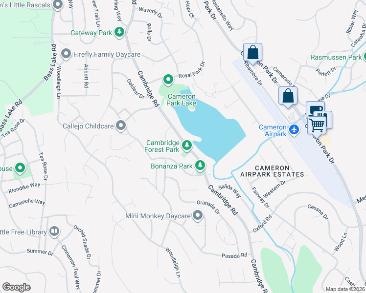 map of restaurants, bars, coffee shops, grocery stores, and more near 3104 Cambridge Road in Cameron Park