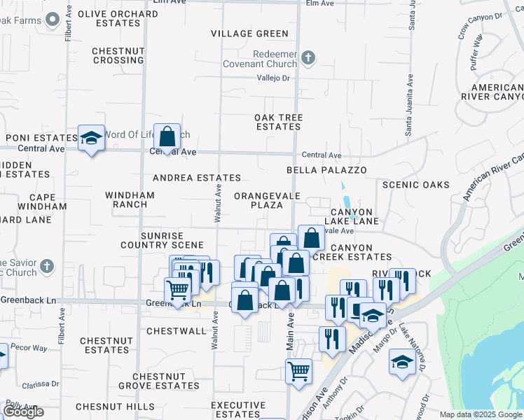 map of restaurants, bars, coffee shops, grocery stores, and more near 9337 Orangevale Avenue in Orangevale