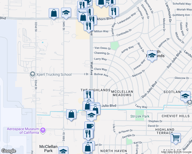 map of restaurants, bars, coffee shops, grocery stores, and more near 6320 Morazan Street in North Highlands