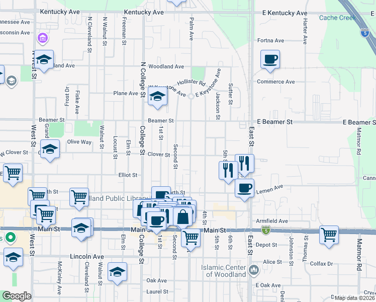 map of restaurants, bars, coffee shops, grocery stores, and more near 119 2nd Street in Woodland