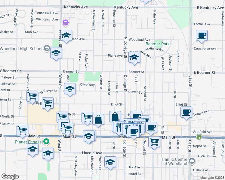 map of restaurants, bars, coffee shops, grocery stores, and more near 118 Elm Street in Woodland