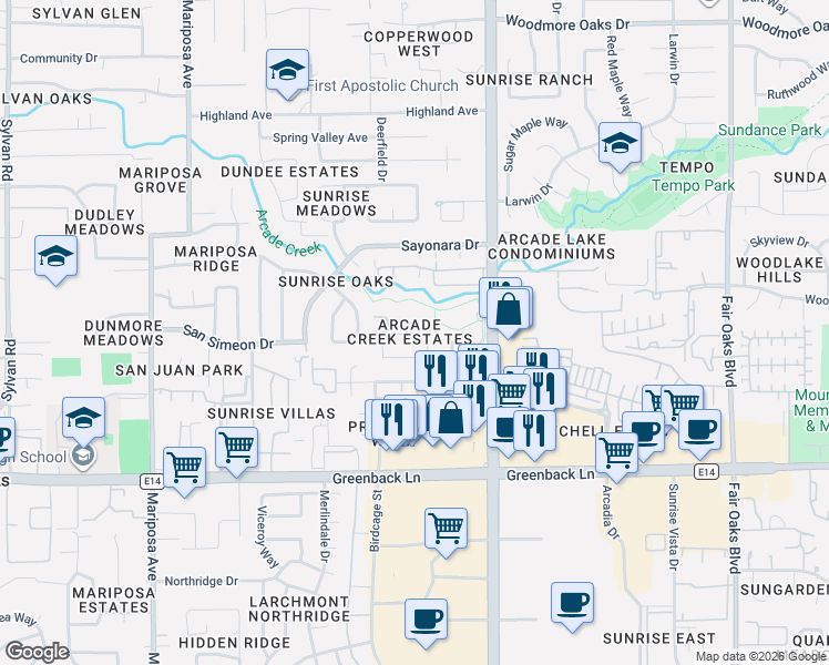 map of restaurants, bars, coffee shops, grocery stores, and more near 6439 Denton Way in Citrus Heights