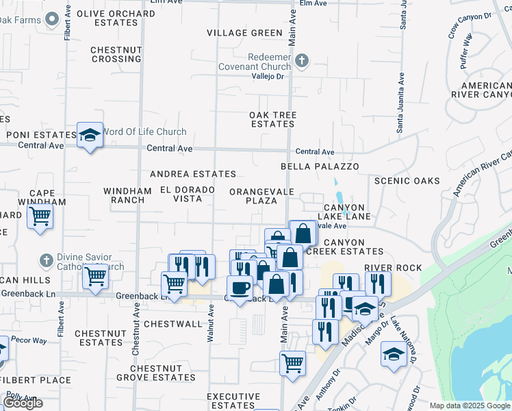 map of restaurants, bars, coffee shops, grocery stores, and more near 9337 Orangevale Avenue in Orangevale