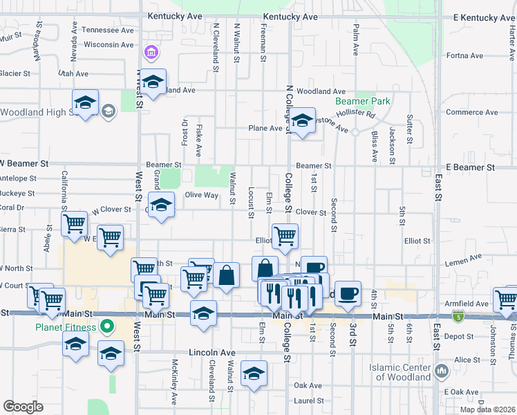 map of restaurants, bars, coffee shops, grocery stores, and more near 118 Elm Street in Woodland