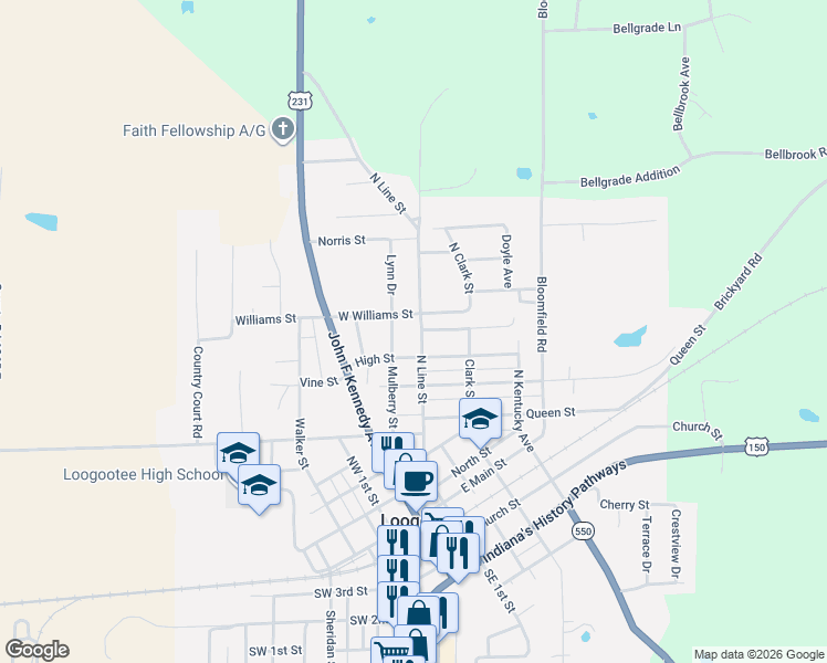map of restaurants, bars, coffee shops, grocery stores, and more near 18-98 High Street in Loogootee