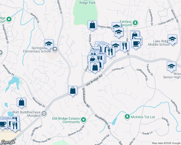 map of restaurants, bars, coffee shops, grocery stores, and more near 12528 Dillingham Square in Woodbridge