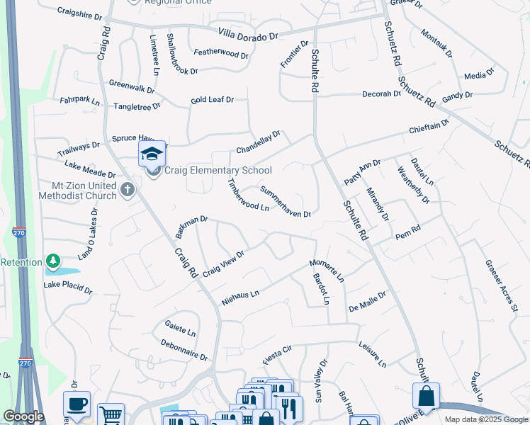 map of restaurants, bars, coffee shops, grocery stores, and more near 11716 Summerhaven Drive in St. Louis
