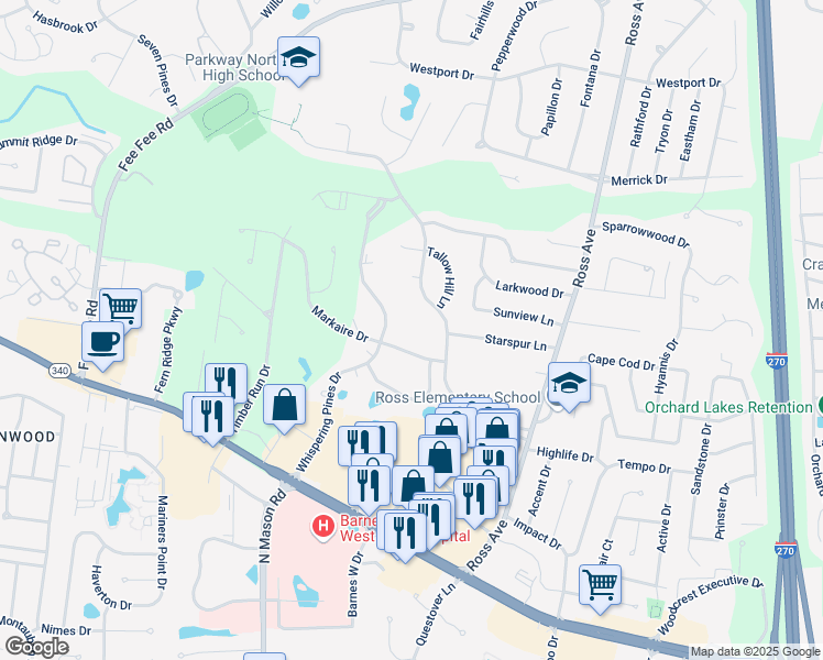 map of restaurants, bars, coffee shops, grocery stores, and more near 12620 Whispering Hills Lane in St. Louis