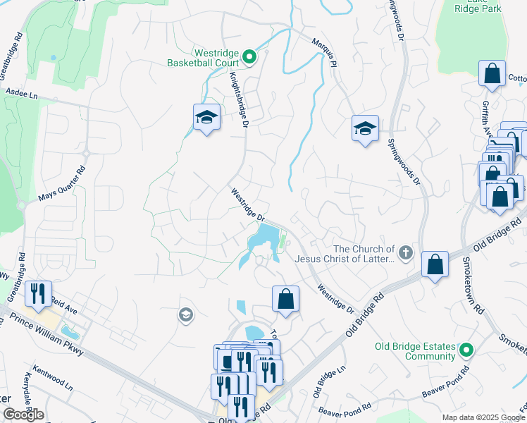map of restaurants, bars, coffee shops, grocery stores, and more near 12438 Abbey Knoll Court in Woodbridge