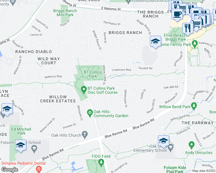 map of restaurants, bars, coffee shops, grocery stores, and more near 186 Bittercreek Drive in Folsom