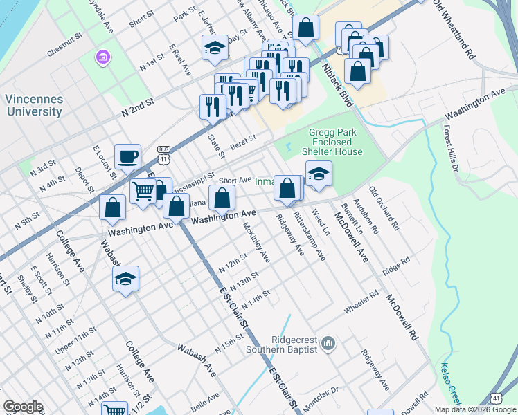 map of restaurants, bars, coffee shops, grocery stores, and more near Indiana Avenue in Vincennes