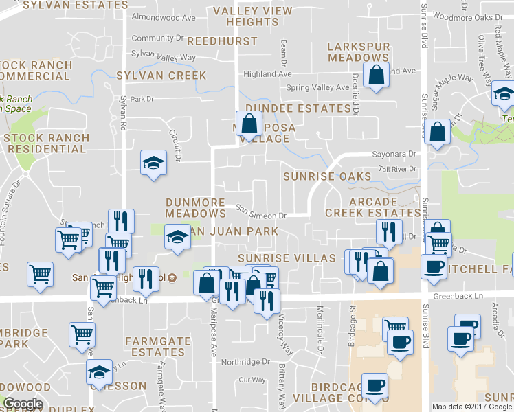 map of restaurants, bars, coffee shops, grocery stores, and more near 6420 Santa Catarina Way in Citrus Heights