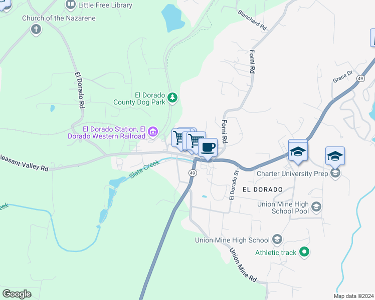 map of restaurants, bars, coffee shops, grocery stores, and more near 6201 North Street in El Dorado County