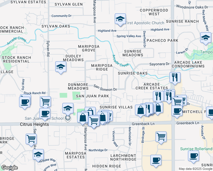 map of restaurants, bars, coffee shops, grocery stores, and more near 6421 Feliciter Way in Citrus Heights