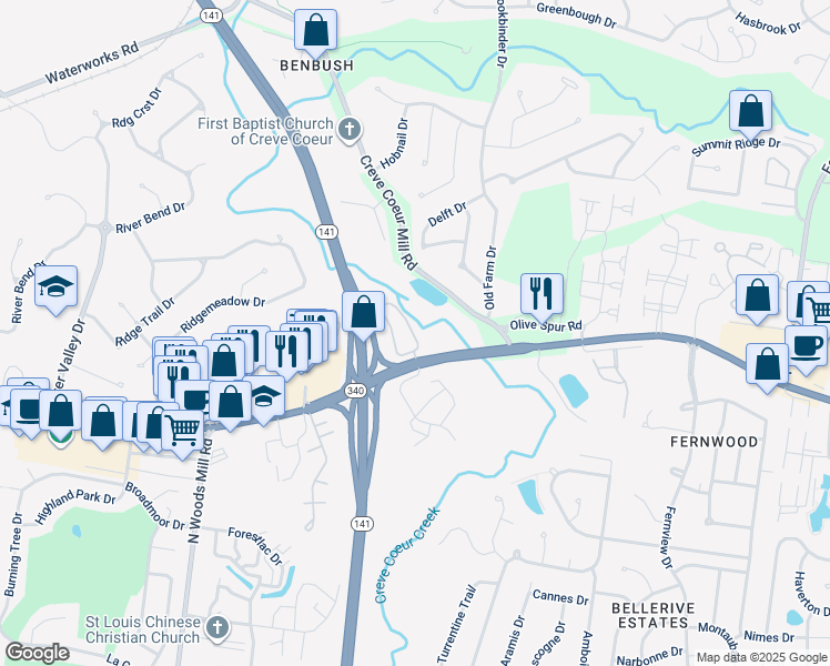 map of restaurants, bars, coffee shops, grocery stores, and more near 1231 Creve Coeur Crossing Lane in Chesterfield
