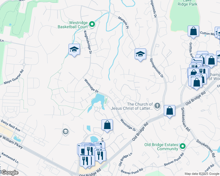 map of restaurants, bars, coffee shops, grocery stores, and more near 12518 Kempston Lane in Woodbridge