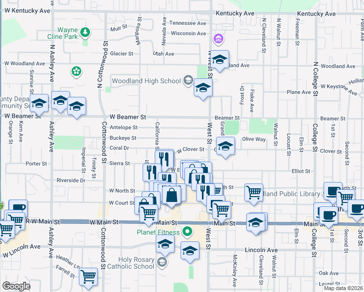 map of restaurants, bars, coffee shops, grocery stores, and more near 40 West Clover Street in Woodland