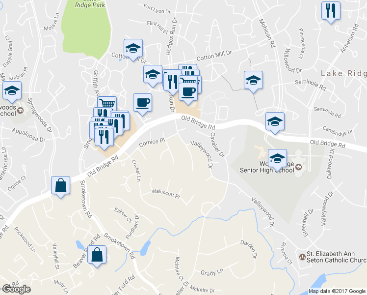 map of restaurants, bars, coffee shops, grocery stores, and more near 12498 Hedges Run Drive in Woodbridge