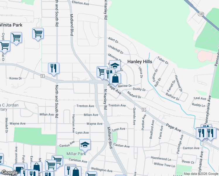 map of restaurants, bars, coffee shops, grocery stores, and more near in Vinita Park