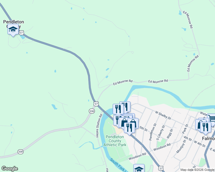 map of restaurants, bars, coffee shops, grocery stores, and more near 175 Ed Monroe Road in Falmouth