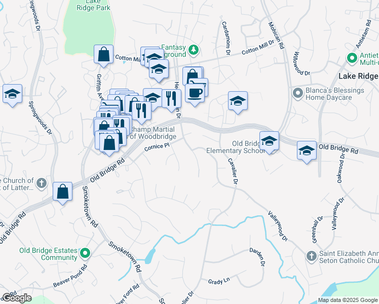 map of restaurants, bars, coffee shops, grocery stores, and more near 12498 Hedges Run Drive in Woodbridge