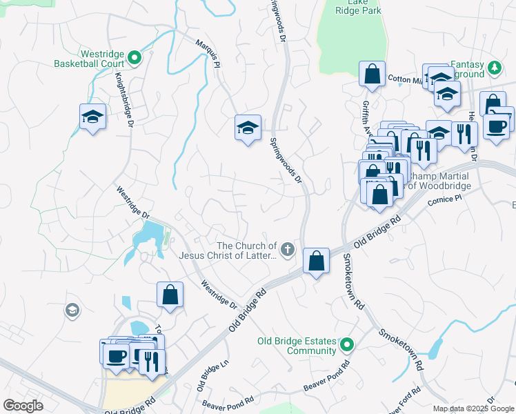 map of restaurants, bars, coffee shops, grocery stores, and more near 12530 Sulky Court in Woodbridge