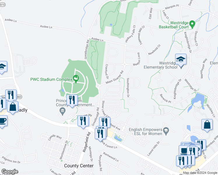 map of restaurants, bars, coffee shops, grocery stores, and more near 4437 Davis Fairfax Lane in Woodbridge