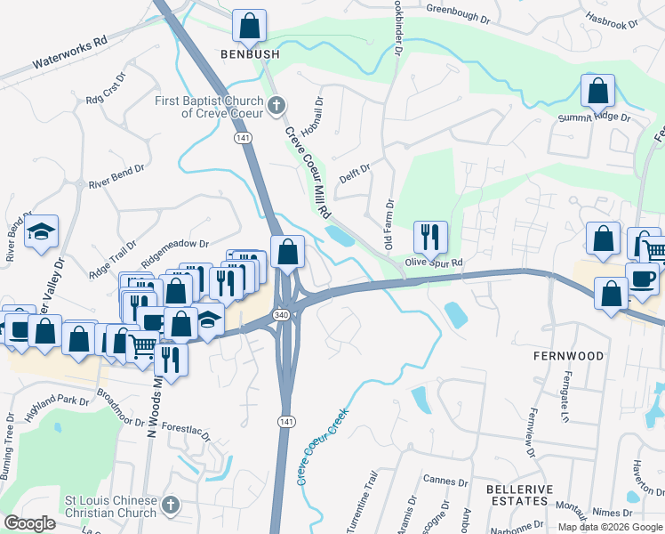map of restaurants, bars, coffee shops, grocery stores, and more near 13185 Olive Boulevard in St. Louis