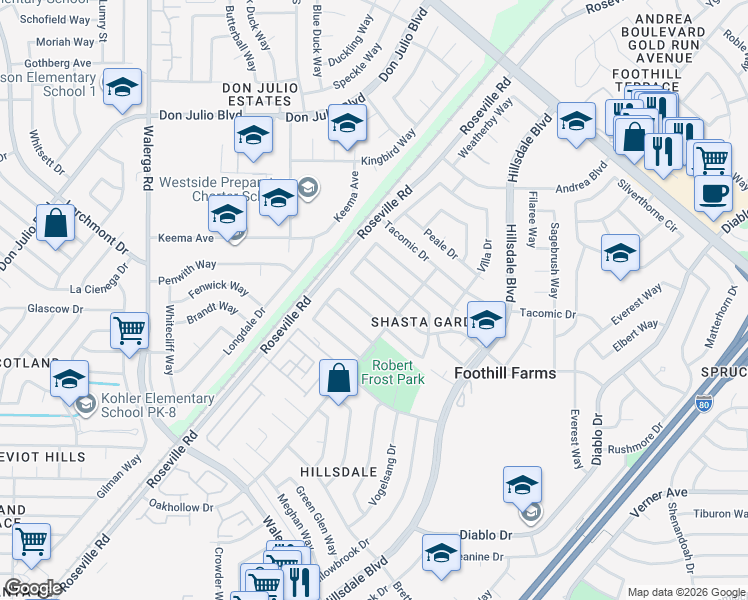 map of restaurants, bars, coffee shops, grocery stores, and more near 6121 Jack London Circle in Sacramento