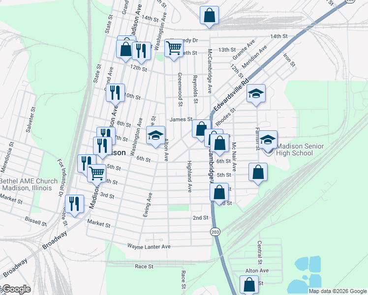 map of restaurants, bars, coffee shops, grocery stores, and more near 1815 Rhodes Street in Madison
