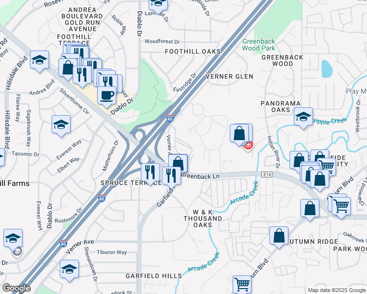 map of restaurants, bars, coffee shops, grocery stores, and more near 6430 Verner Avenue in Sacramento