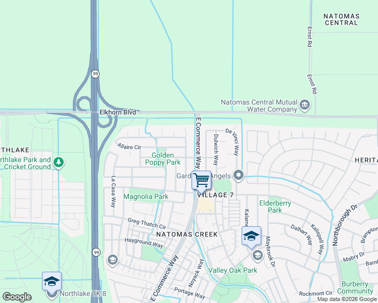 map of restaurants, bars, coffee shops, grocery stores, and more near 5864 Da Vinci Way in Sacramento