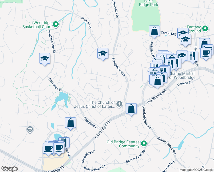 map of restaurants, bars, coffee shops, grocery stores, and more near 12530 Sulky Court in Woodbridge