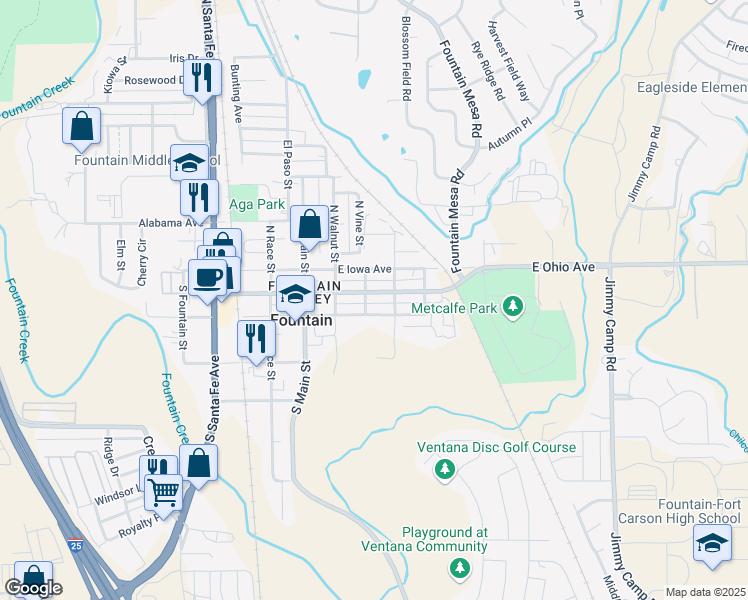 map of restaurants, bars, coffee shops, grocery stores, and more near 314 East Ohio Avenue in Fountain