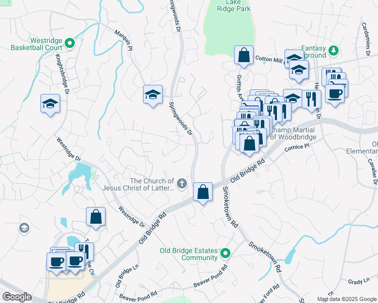 map of restaurants, bars, coffee shops, grocery stores, and more near 12505 Trotter Court in Woodbridge