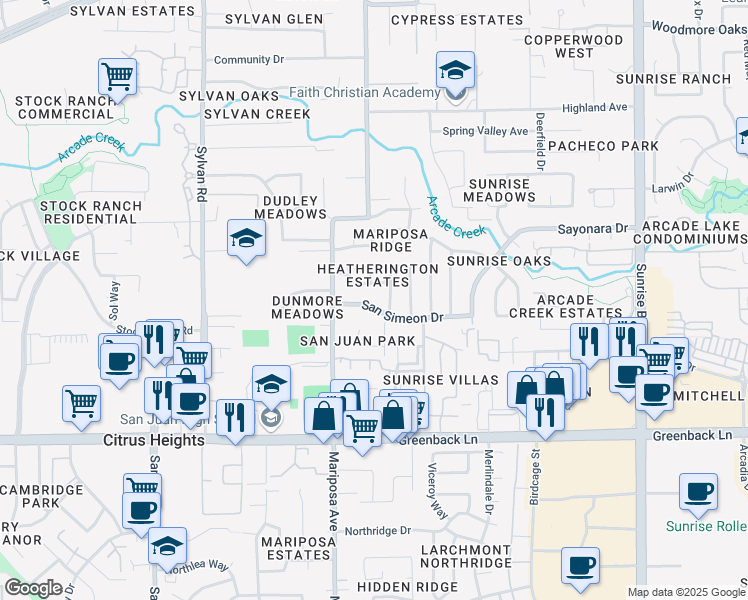 map of restaurants, bars, coffee shops, grocery stores, and more near 7635 San Simeon Drive in Citrus Heights