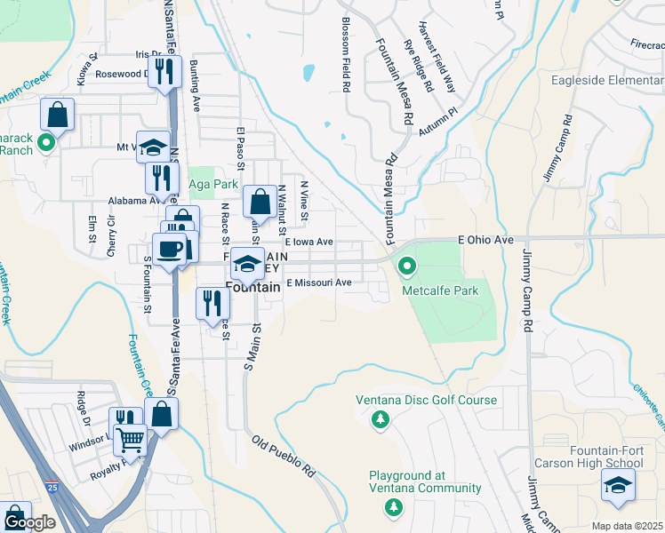 map of restaurants, bars, coffee shops, grocery stores, and more near 374 East Ohio Avenue in Fountain