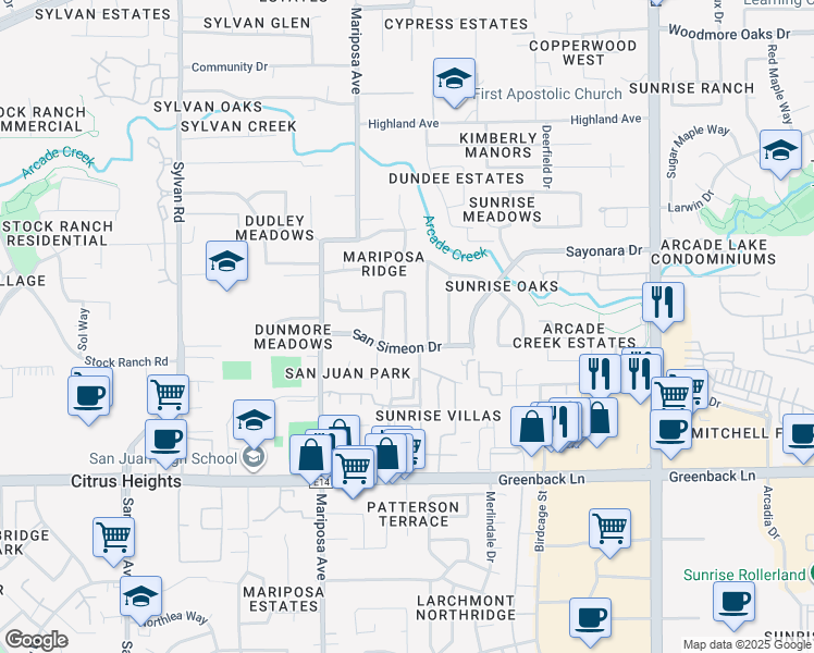 map of restaurants, bars, coffee shops, grocery stores, and more near 6421 Feliciter Way in Citrus Heights