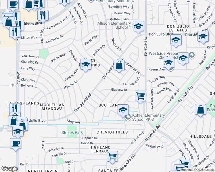 map of restaurants, bars, coffee shops, grocery stores, and more near 6340 Garland Court in North Highlands