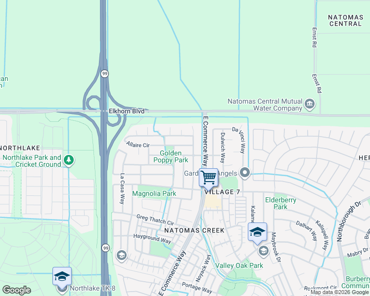 map of restaurants, bars, coffee shops, grocery stores, and more near 120 Allaire Circle in Sacramento