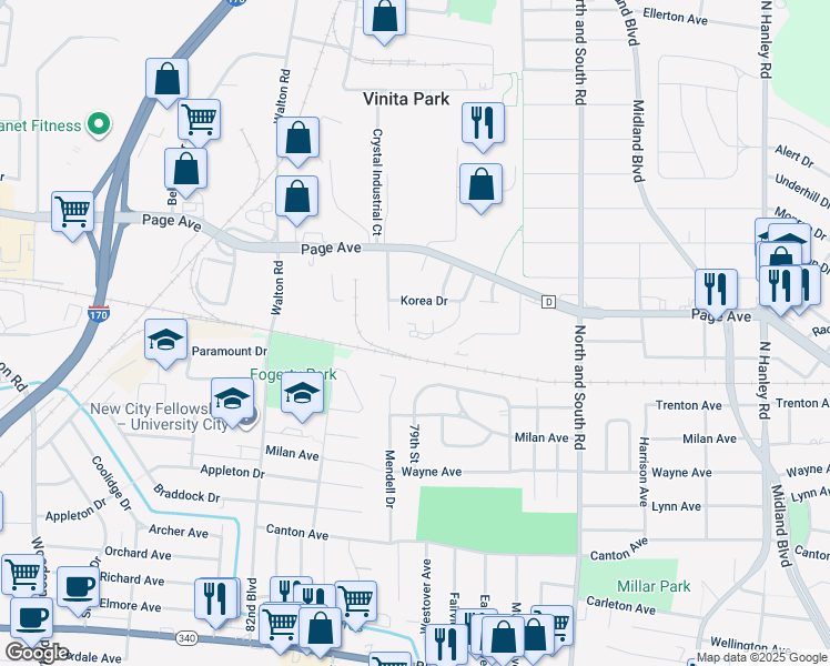 map of restaurants, bars, coffee shops, grocery stores, and more near 8547 Gulf Drive in University City