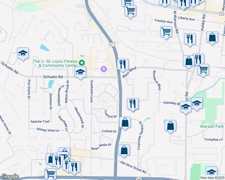 map of restaurants, bars, coffee shops, grocery stores, and more near 10321 Briar Hollow Drive in St. Louis