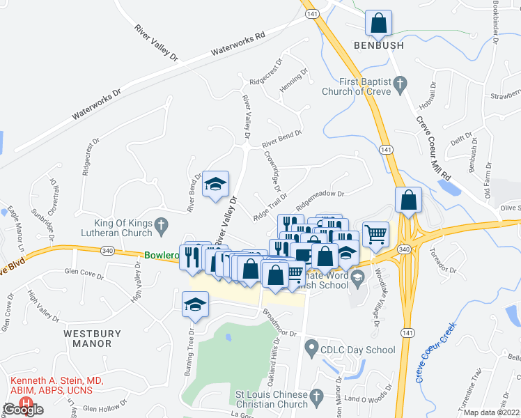 map of restaurants, bars, coffee shops, grocery stores, and more near 294 Ridge Trail Court in Chesterfield