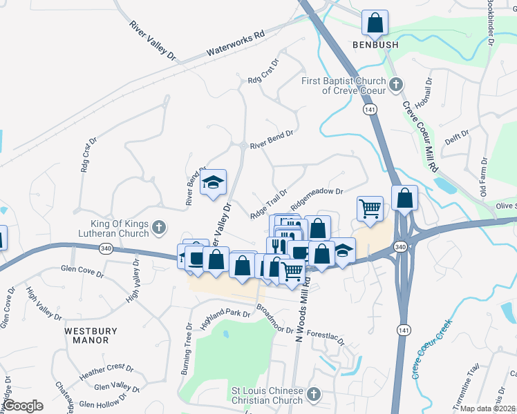 map of restaurants, bars, coffee shops, grocery stores, and more near 294 Ridge Trail Court in Chesterfield