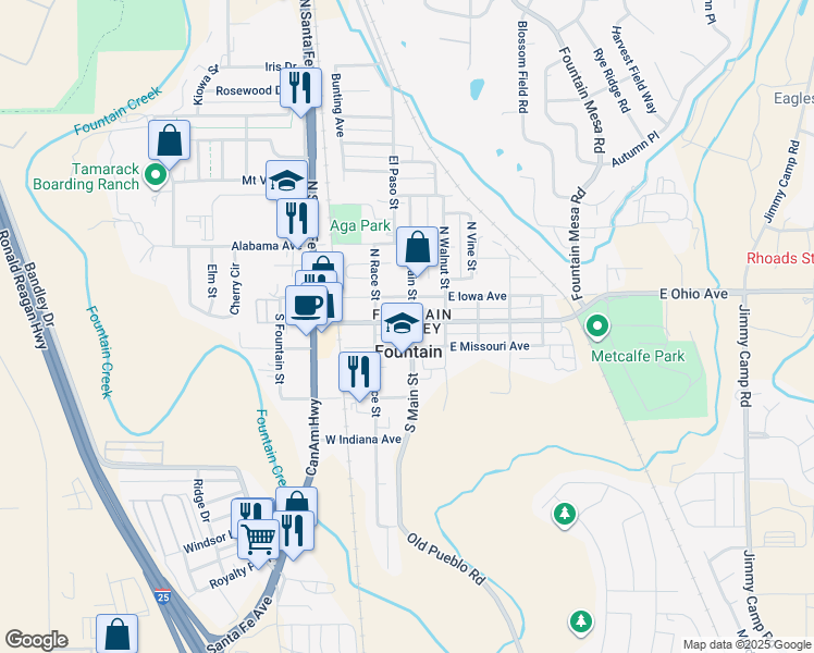 map of restaurants, bars, coffee shops, grocery stores, and more near 101 South Main Street in Fountain